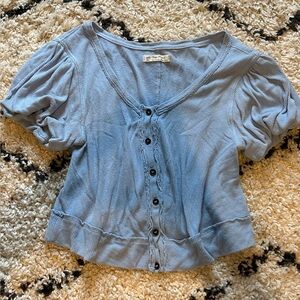 Free People Powder Blue Ribbed Puff-Sleeve Button-Front Top